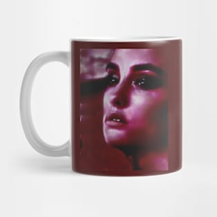 Portrait, digital collage and special processing. Woman. Like in night dreams. Pink and red. Mug